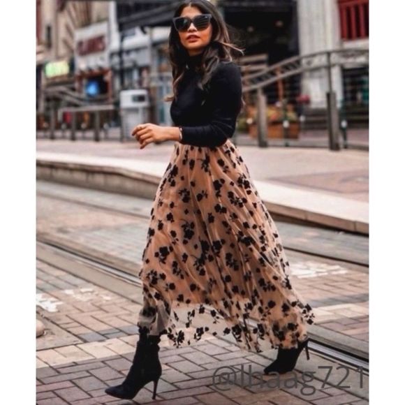 Dresses & Skirts - CARAMEL TULLE MAXI SKIRT LAYERED with BLACK FLORAL PRINT